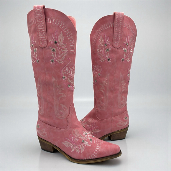 Wide Calf Pink Embroidered Rhinestone Cowboy Boots Knee High Snip Toe 8.5 NWB - Picture 4 of 16